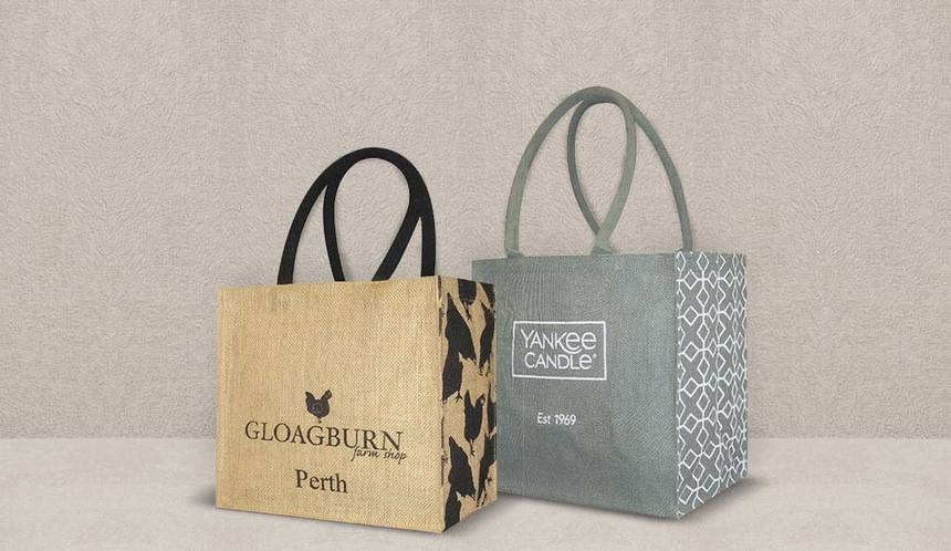 Small jute gift bags with printed branding