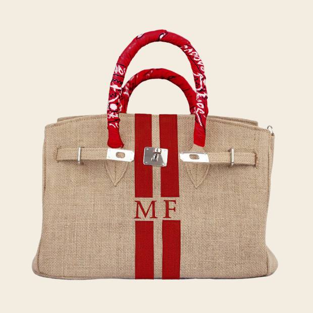 Structured jute handbag with pink monogram stripe
