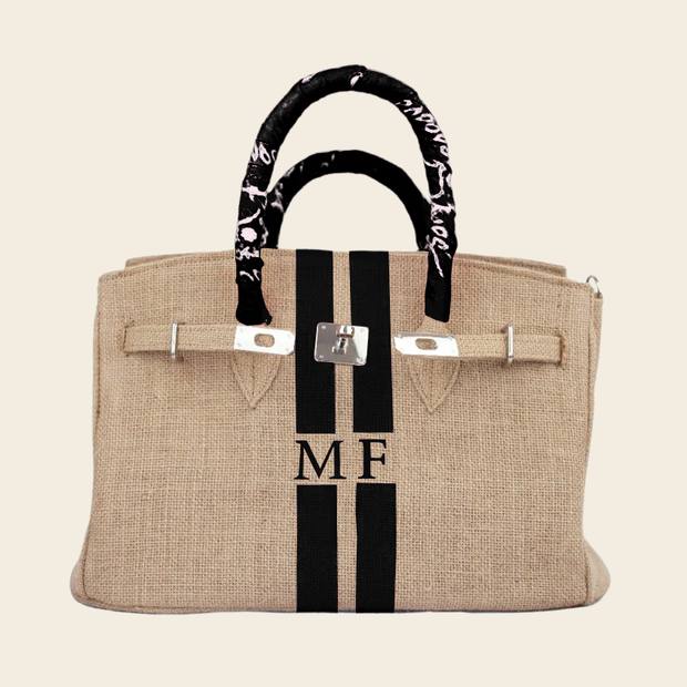 Structured jute handbag with red monogram stripe