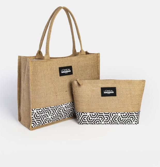 Structured jute handbag with black monogram stripe