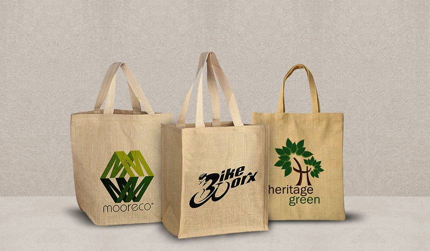 Natural jute totes with printed brand logos